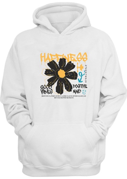 Happıness Good Vibes Baskılı Beyaz Normal Kalıp Şardonlu Kalın Sweatshirt