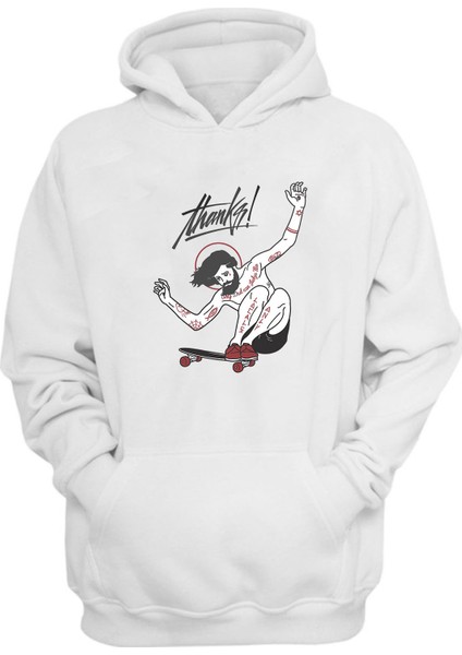 Thanks Skateboard Baskılı Beyaz Normal Kalıp Şardonlu Kalın Sweatshirt