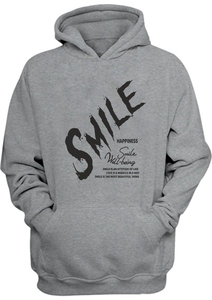 Smile, Happiness Baskılı Gri Normal Kalıp Şardonlu Kalın Sweatshirt
