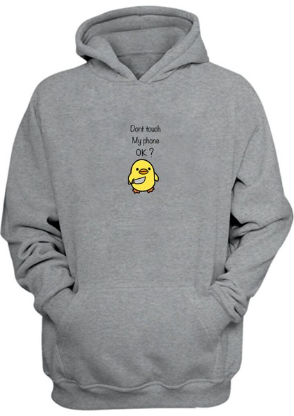 Dont Touch My Phone Ok Baskılı Gri Normal Kalıp Şardonlu Kalın Sweatshirt