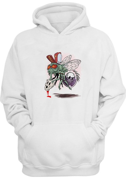 Skull Mosquito Baskılı Beyaz Normal Kalıp Şardonlu Kalın Sweatshirt
