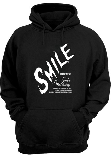 Smile, Happiness Baskılı Siyah Normal Kalıp Şardonlu Kalın Sweatshirt