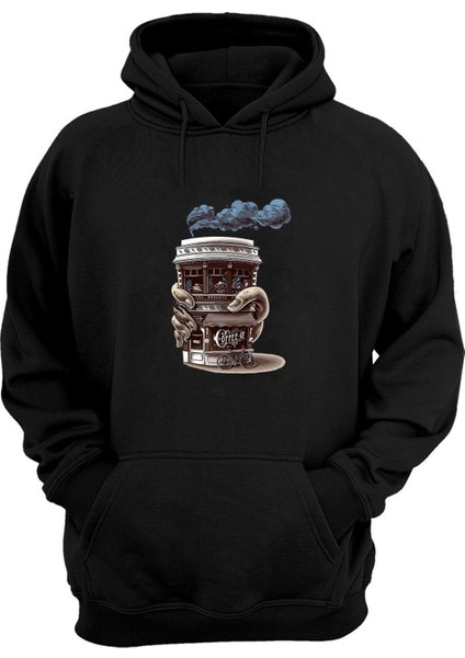 Cup Coffee Shop Baskılı Siyah Normal Kalıp Şardonlu Kalın Sweatshirt