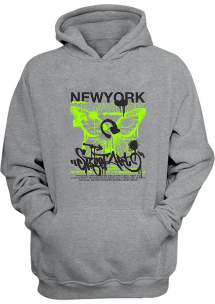 New York Sttreetart Buterfly Baskılı Gri Normal Kalıp Şardonlu Kalın Sweatshirt
