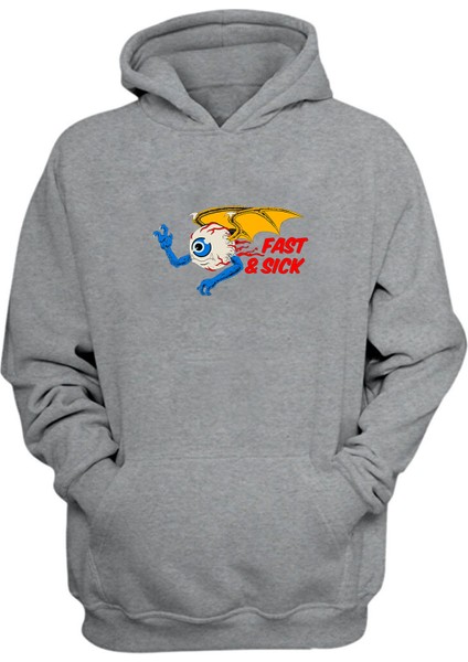 Fast ve Sıck Eye Baskılı Gri Normal Kalıp Şardonlu Kalın Sweatshirt