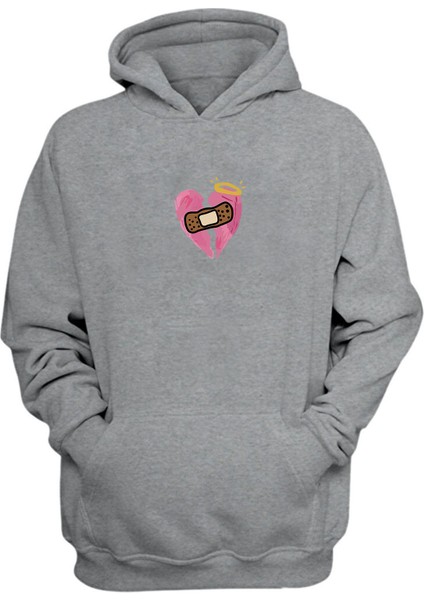 Broken Heart With Band Aid Baskılı Gri Normal Kalıp Şardonlu Kalın Sweatshirt