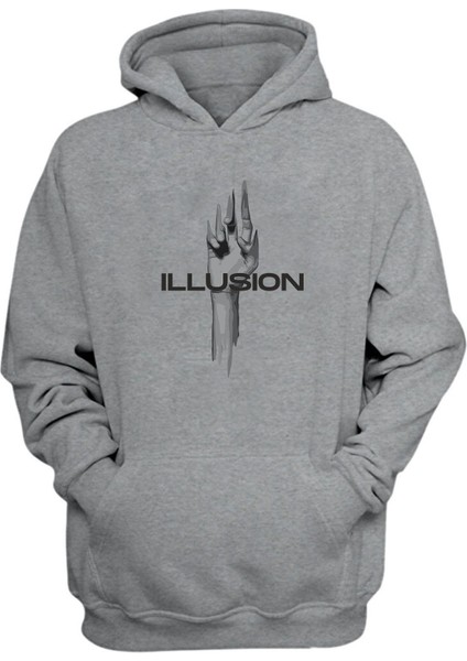 Illusıon Baskılı Gri Normal Kalıp Şardonlu Kalın Sweatshirt