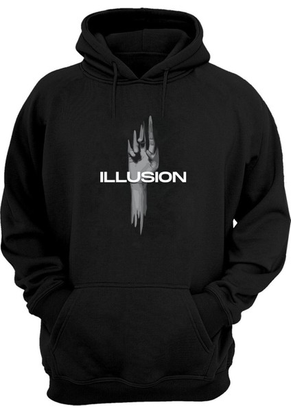 Illusıon Baskılı Siyah Normal Kalıp Şardonlu Kalın Sweatshirt