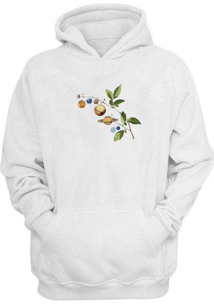 Daldaki Gezegenler Baskılı Beyaz Normal Kalıp Şardonlu Kalın Sweatshirt