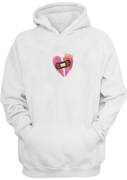 Broken Heart With Band Aid Baskılı Beyaz Normal Kalıp Şardonlu Kalın Sweatshirt