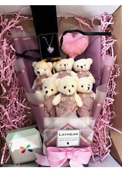 Crystal Kalp Kolyeli Kıyafetli Peluş Ayıcık Buketi