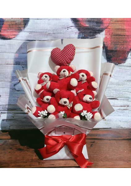 Premium Yumoş Kırmızı Peluş Ayıcık Buketi Kalp Yastıklı