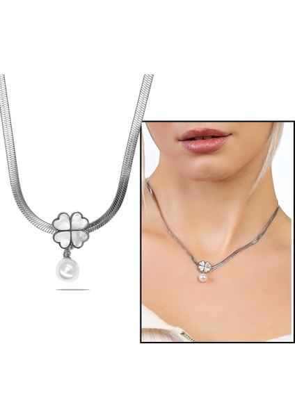 Snake Zincirli Sedef Taşlı Yonca Yaprağı Detaylı Inci Doğaltaş Kombinli Kadın Kolye fiyatları