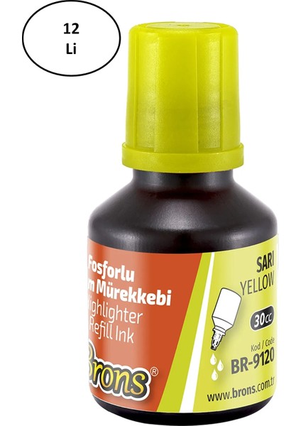 Sarı Fosforlu Kalem Mürekkebi 30 ml Sarı 12'li