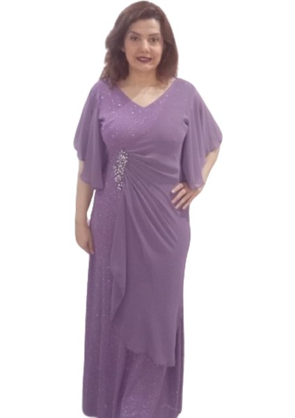 Lila Büyük Beden Kısa Kollu Şifon Broş Detaylı Boydan Abiye Elbise