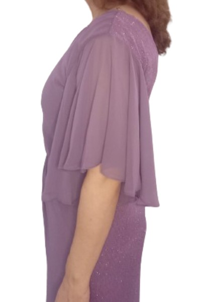 Lila Büyük Beden Kısa Kollu Şifon Broş Detaylı Boydan Abiye Elbise fırsatları