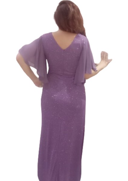 Lila Büyük Beden Kısa Kollu Şifon Broş Detaylı Boydan Abiye Elbise indirimleri