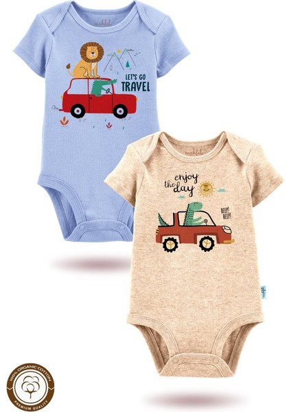 2'li Organik"eğlenceli Gün" Baskılı Kısa Kollu Bebek Body Zıbın KISA-MAVI-BEJ193-276 fiyatları