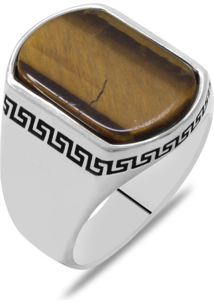 Flat Tasarım Kaplan Gözü Taşlı 925 Ayar Gümüş Erkek Yüzük