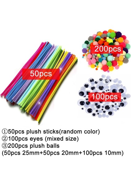 50STICK200POM100GÖZ Stili Renkli Peluş Çubuklar Yün Ponponlar Malzemeler Çocuklar Dıy Montessori Zanaat Boru Matematik Sayma Eğitim Sopa Çocuk Bulmacalar Oyuncak (Yurt Dışından)