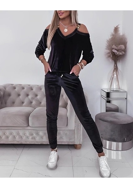 Kadın Uzun Kollu Omuz Dekolte ve Askı Aksesuar Detay Kadife Ikili Takım fiyatları