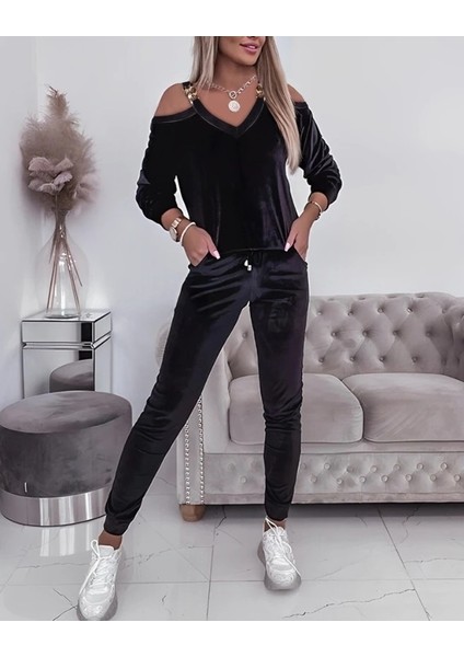 Kadın Uzun Kollu Omuz Dekolte ve Askı Aksesuar Detay Kadife Ikili Takım modelleri