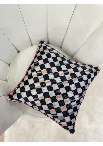 Damalı Keten Görünümlü Kenar Biyeli Kırlent Kılıfı (45 x 45)