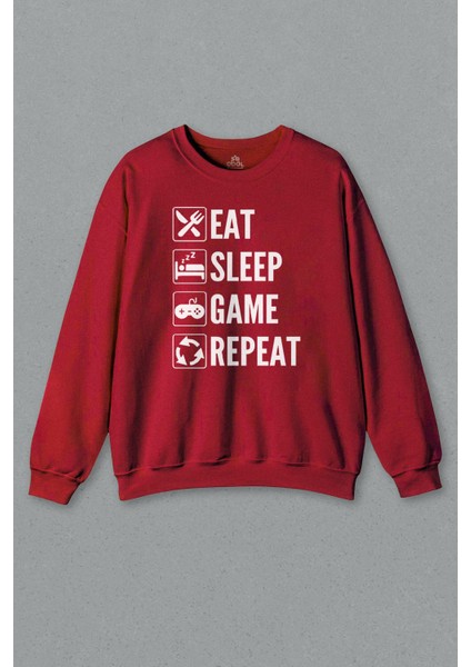 Kırmızı Sweatshirt Eat Sleep Game Repeat Gamer Oyuncu Baskılı Sweat