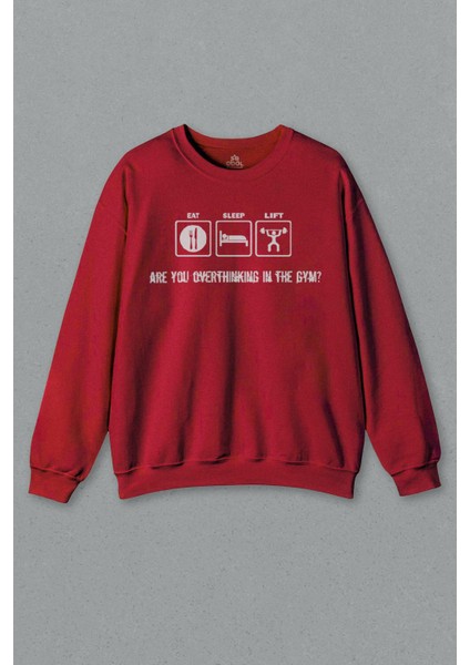 Unisex Kırmızı Sweatshirt Eat Sleep Lift Gym Bodybuilding Fitness Spor Baskılı Sweat
