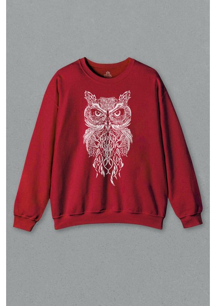 Kırmızı Sweatshirt Owl Baykuş Design Desen Tasarım Kuş Bird Baskılı Sweat