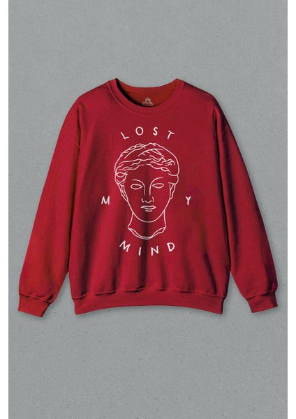Kırmızı Sweatshirt Lost My Mind Minimal Y2K Çizim Line Baskılı Sweat