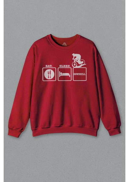 Kırmızı Sweatshirt Eat Sleep Downhill Mountain Bike Bisiklet Baskılı Sweat