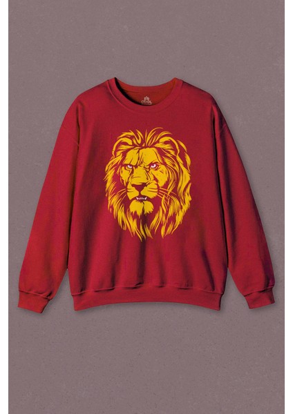 Unisex Kırmızı Sweatshirt Aslan Kafası Sarı Kırmızı Yeleli Galata Lion Baskılı Sweat