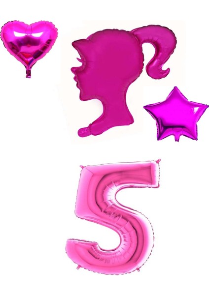 Pembe Kız Karakter Kalp Yıldız Rakam Folyo Balon Seti Yaş 5