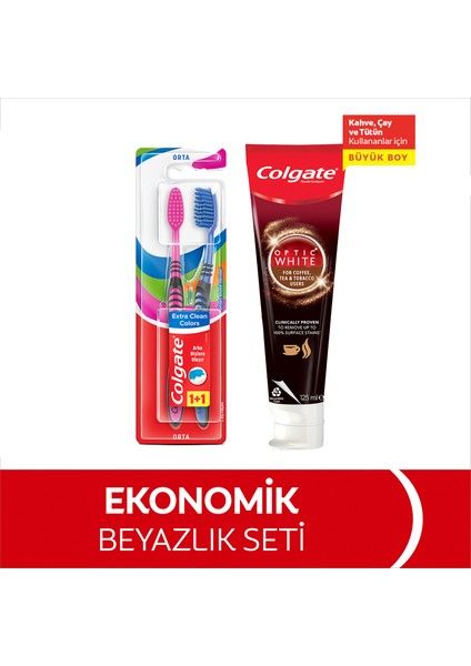 Optic White Kahve, Çay ve Tütün Kullananlar için Diş Macunu 125 ml, Extra Clean Colors Orta Diş Fırçası 1+1