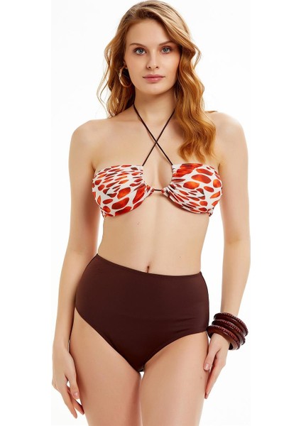 Kadın Oranj Kahveli Desen Straplez Bikini