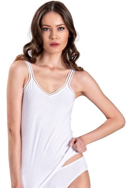 Kadın Beyaz V Yaka İp Askılı Atlet