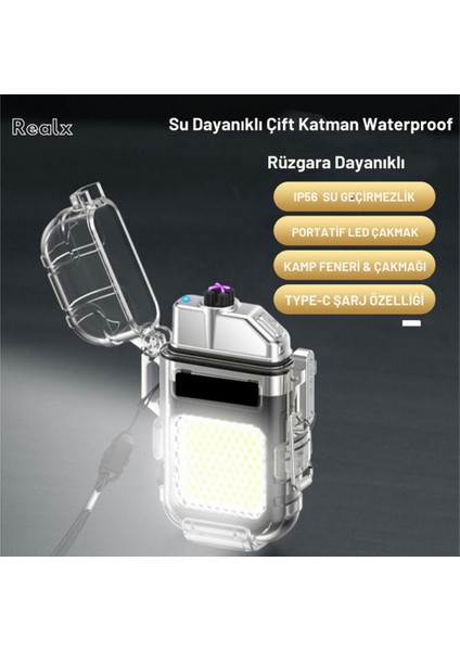 Şarjlı Elektronik Ledli Işıklı Rüzgar ve Su Geçirmeyen Plazma Çakmak , Kamp Feneri & Çakmağı