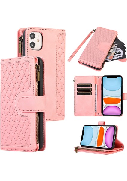 Xstep Case Xstepcase Apple iPhone 11 Için Fermuarlı Cep Deri Cüzdan Telefon Kılıfı 9 Kart Yuvaları Eşkenar Dörtgen Basılmış Stant Kabuğu (Yurt Dışından)