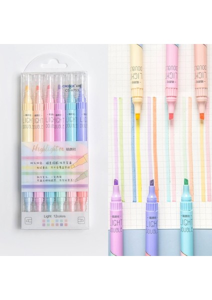 6pcs-12 Renk Stili Kissbuty Et Fosforlu Kalem Seti Çift Başlı Fosforlu Renkli Okul Malzemeleri Marker Kırtasiye (Yurt Dışından)