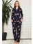 Lacivert Çiçek Desenli Önden Düğmeli Gömlek Yaka Uzun Kollu Kadın Pijama Takımı EDY2579UK-L 3