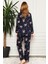 Lacivert Çiçek Desenli Önden Düğmeli Gömlek Yaka Uzun Kollu Kadın Pijama Takımı EDY2579UK-L 4