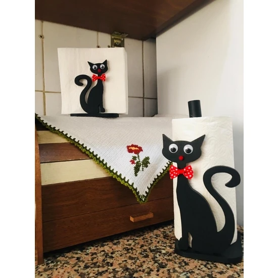 Bahome 2'li Kedili Peçetelik ve Kağıt Havluluk Kağıt Havlu Standı, Dekoratif,sunum,sevimli Kedi