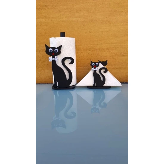 Bahome 2'li Kedili Peçetelik ve Kağıt Havluluk Kağıt Havlu Standı, Dekoratif,sunum,sevimli Kedi