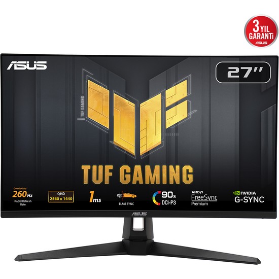 Asus TUF GAMING VG27AQM1A 27 HDR400 2K IPS FREESYNC VE G-SYNC UYUMLU 2560x1440 1MS 260HZ DP HDMI USB MM VESA 3YIL ELMB SYNC, 90%DCI-P3 Monitör