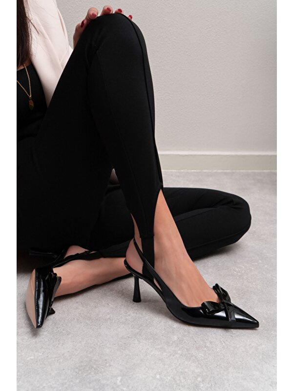 Nişantaşı Shoes Lucinda Siyah Rugan Fiyonk Detay Bilek Bağlı Kadın Topuklu Ayakkabı