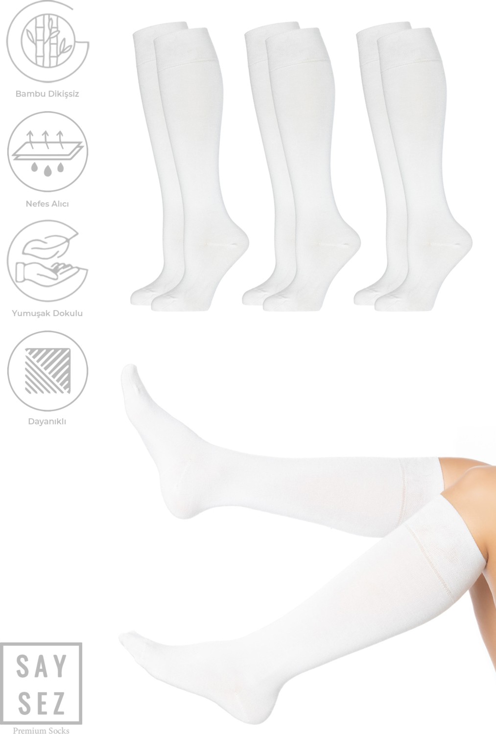 Saysez Bambu Kadın Dizaltı Premium Düz Renk Yumuşak Uzun Dikişsiz Çorap 3'lü Paket / Teni Göstermeyen Çorap görsel 5