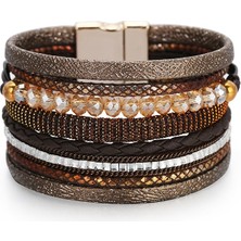 Qiuhong Shop Kahverengi Amorcome Bohem Kristal Boncuklar Kadın Deri Şal Bilezikler Etnik Örgülü Manyetik Toka Bilezikler Pulseras Mujer Mücevherat (Yurt Dışından)