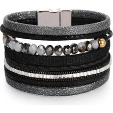 Qiuhong Shop Kahverengi Amorcome Bohem Kristal Boncuklar Kadın Deri Şal Bilezikler Etnik Örgülü Manyetik Toka Bilezikler Pulseras Mujer Mücevherat (Yurt Dışından)