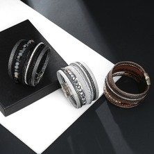 Qiuhong Shop Kahverengi Amorcome Bohem Kristal Boncuklar Kadın Deri Şal Bilezikler Etnik Örgülü Manyetik Toka Bilezikler Pulseras Mujer Mücevherat (Yurt Dışından)